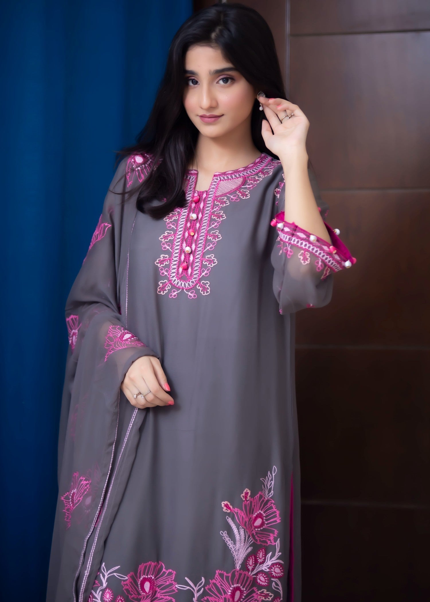 Hayati Collections Chiffon | Embroidered Suit with Dupatta | Grey Women 3pcs