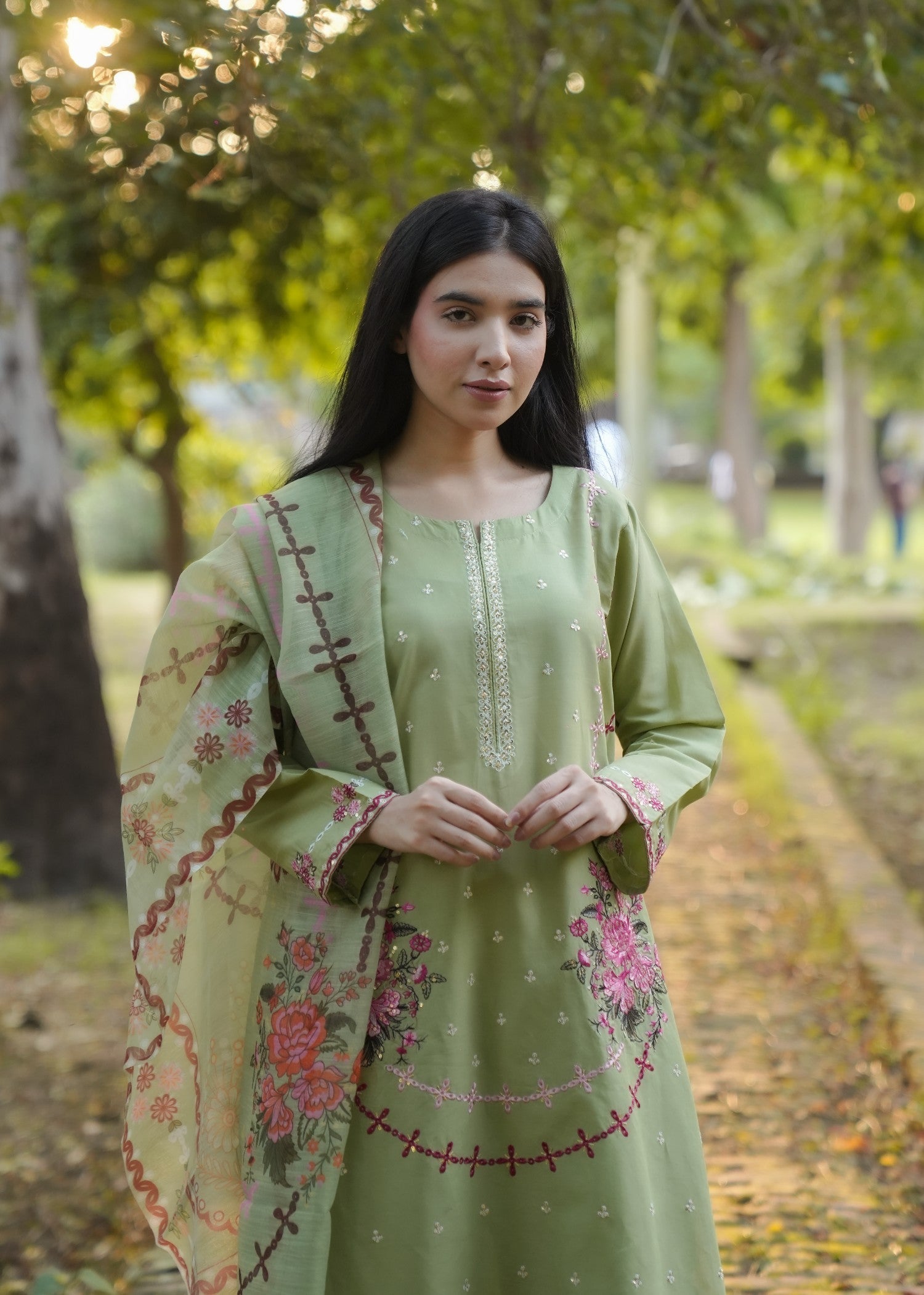 Attirepret Pista Green Floral Embroidered Cotton Women 3pcs