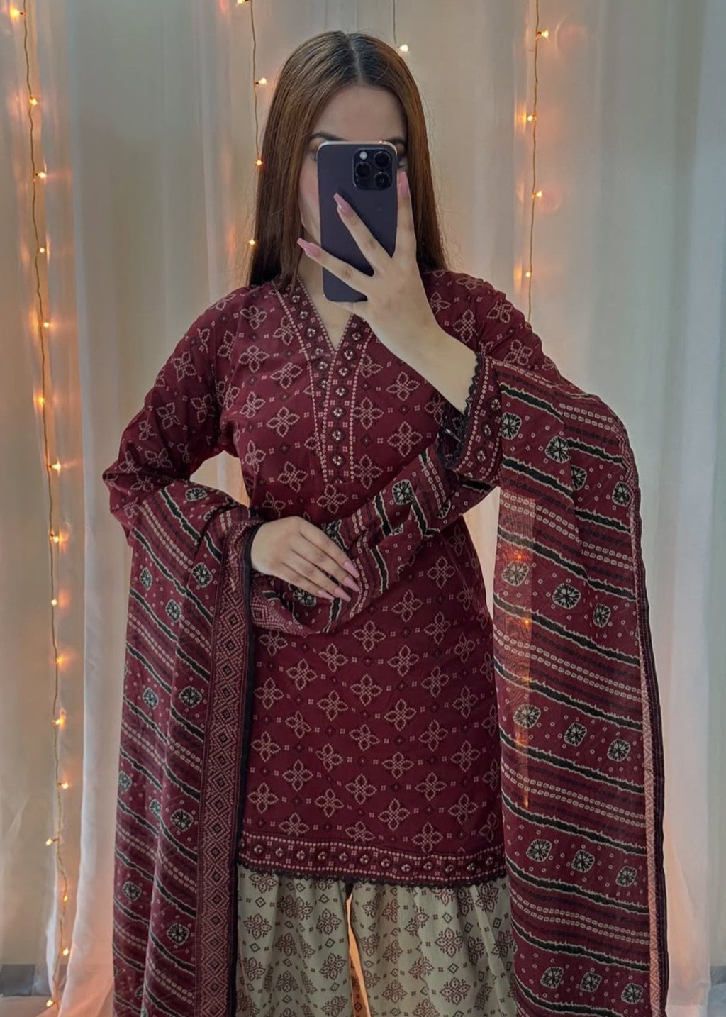 Gulposh Ajrak Mehroon (Digital Printed with Farshi Shalwar) Women 3pcs