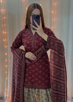 Gulposh Ajrak Mehroon (Digital Printed with Farshi Shalwar) Women 3pcs