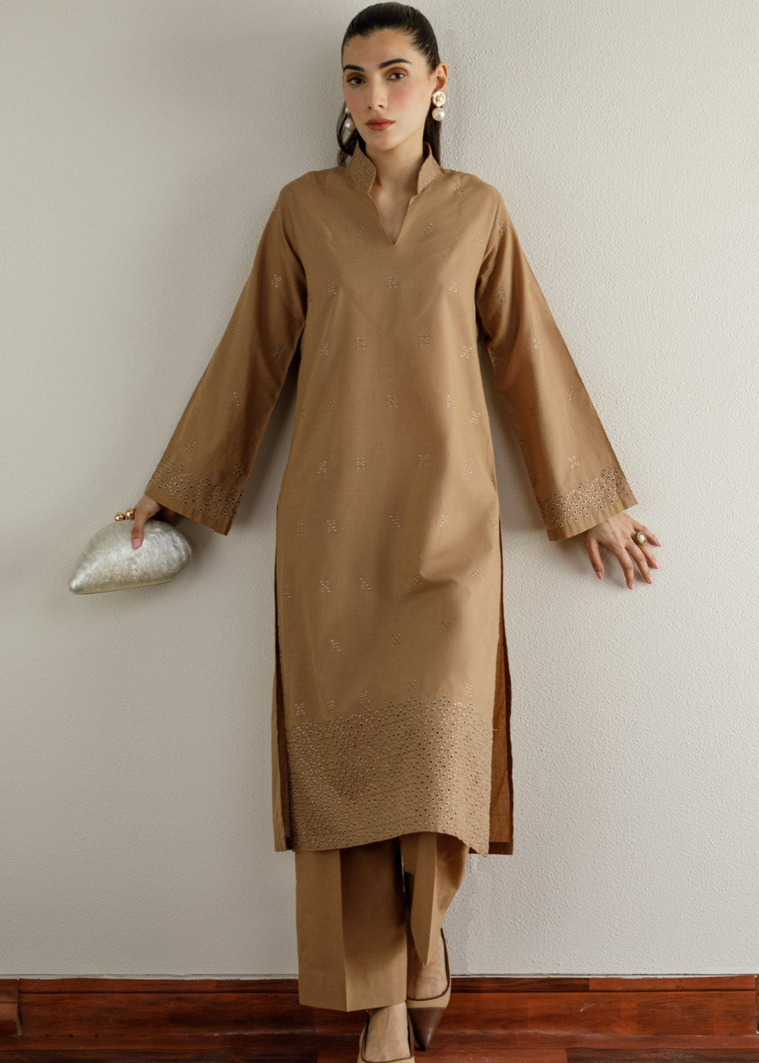 Peach Republic Pastel Brown Schiflli Dress Women 2pcs