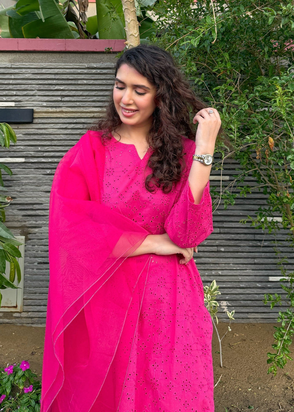 Naaz Couture Farshi Chikankari Shalwar Kameez Fuscia Pink Women 3pcs