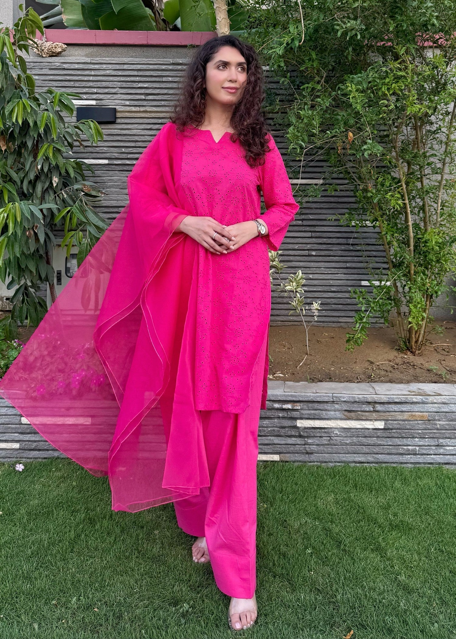 Naaz Couture Farshi Chikankari Shalwar Kameez Fuscia Pink Women 3pcs