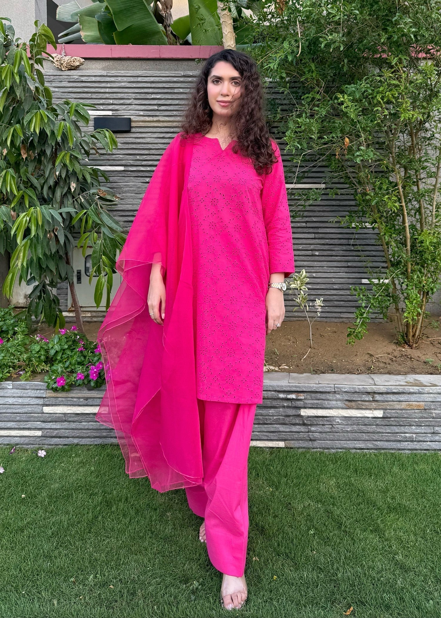 Naaz Couture Farshi Chikankari Shalwar Kameez Fuscia Pink Women 3pcs