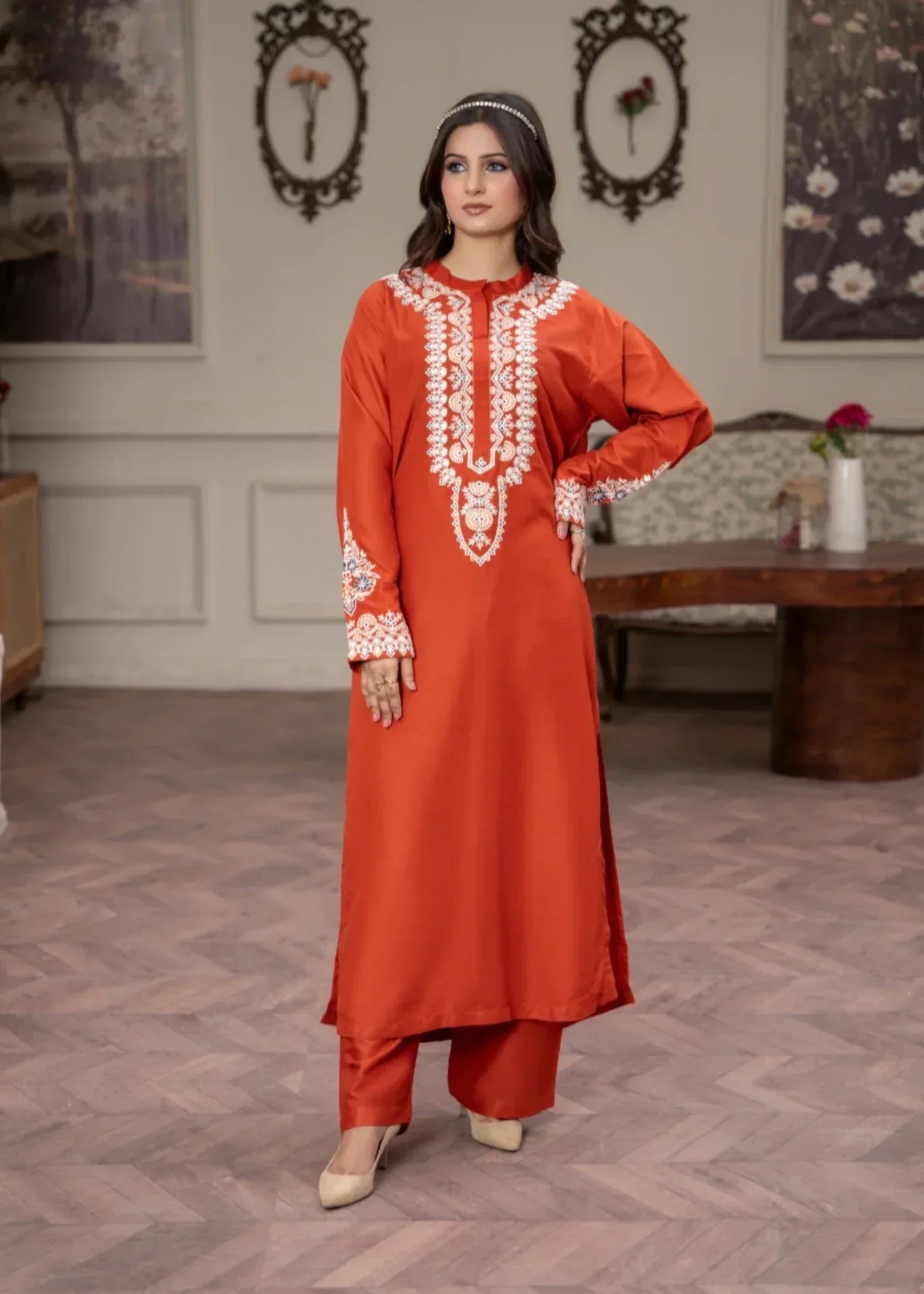 Sajfi Closet Rusty Orange Embroidered Stitched Suit for Women | Summer Collection Women 2pcs
