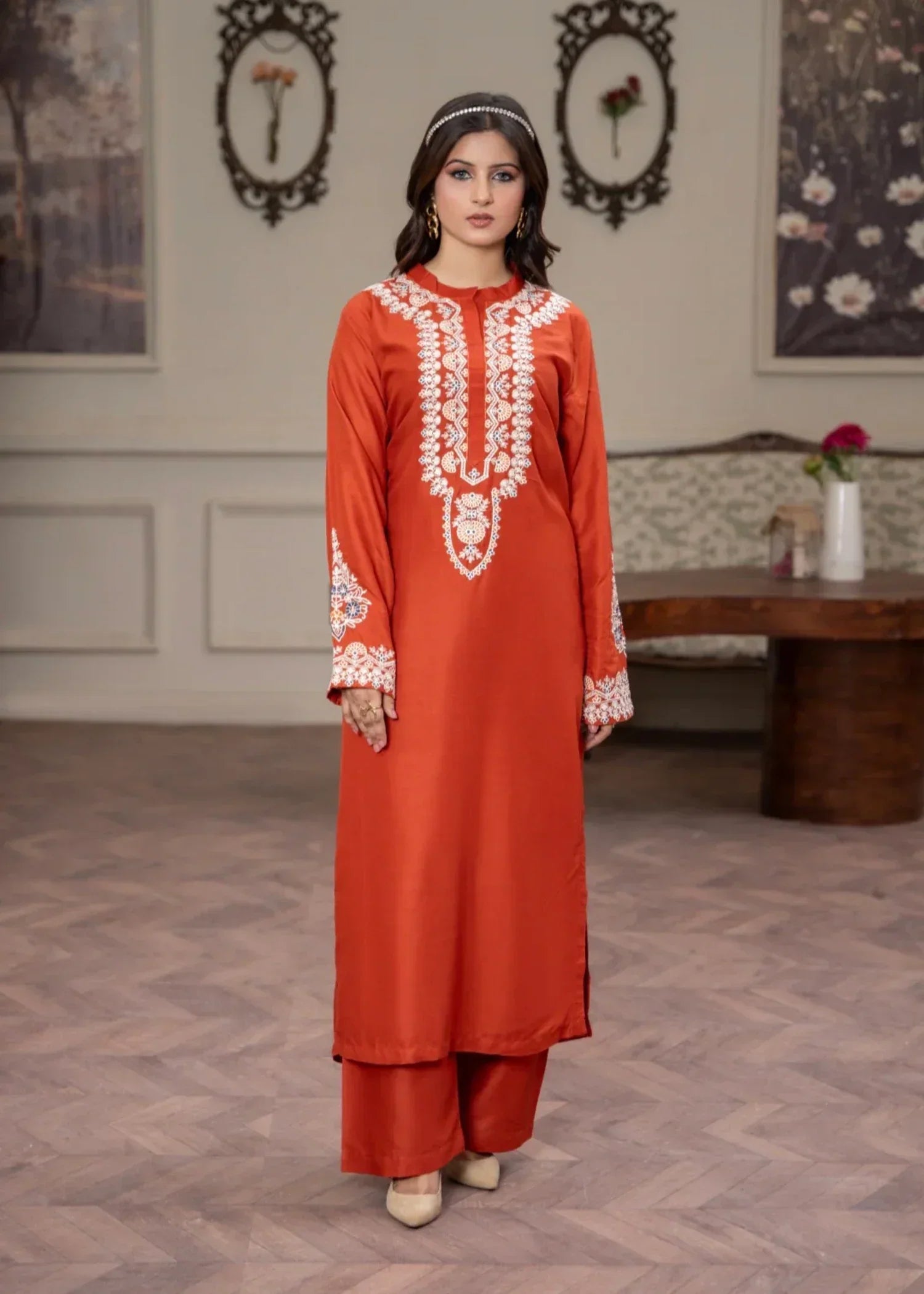 Sajfi Closet Rusty Orange Embroidered Stitched Suit for Women | Summer Collection Women 2pcs