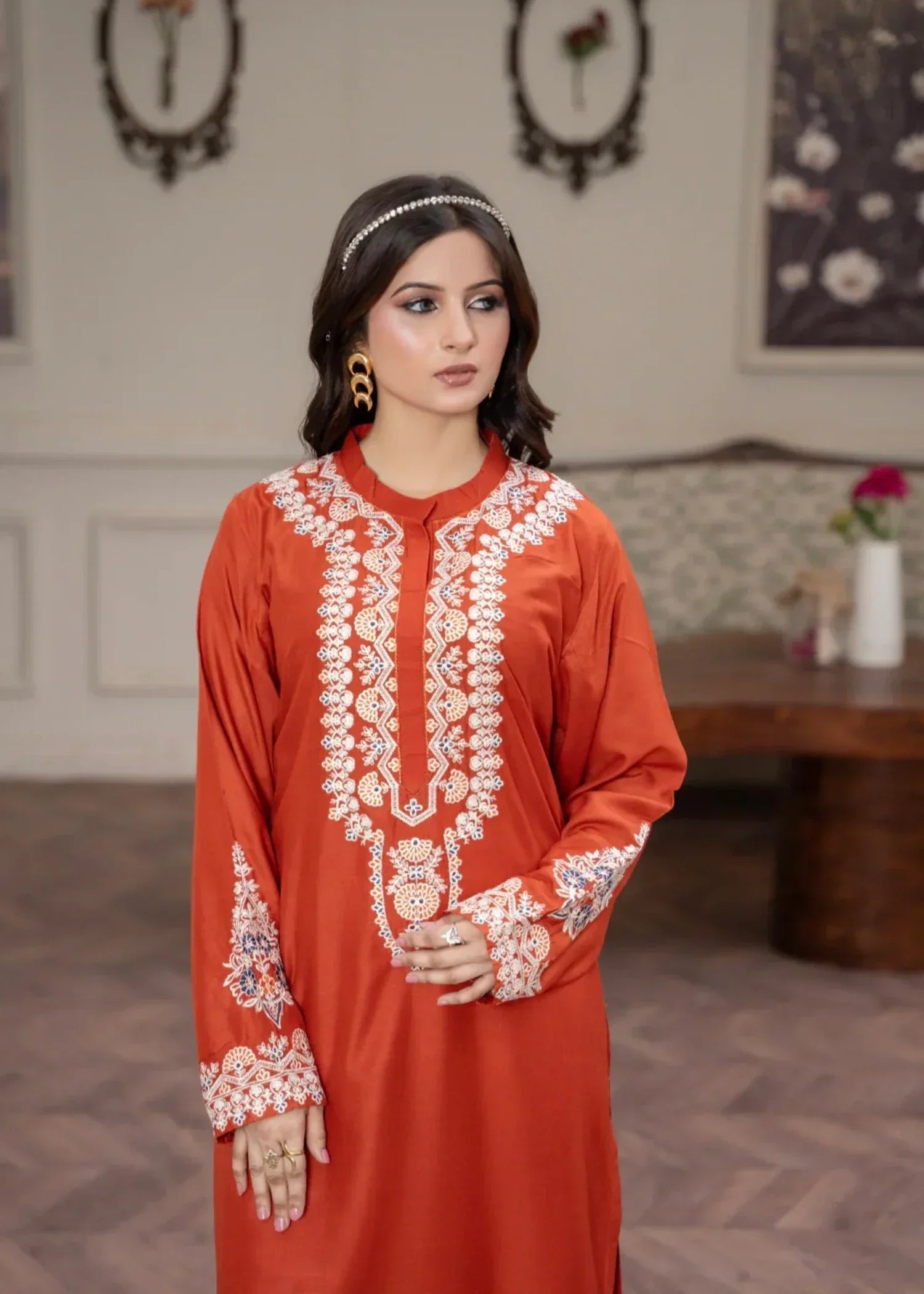 Sajfi Closet Rusty Orange Embroidered Stitched Suit for Women | Summer Collection Women 2pcs