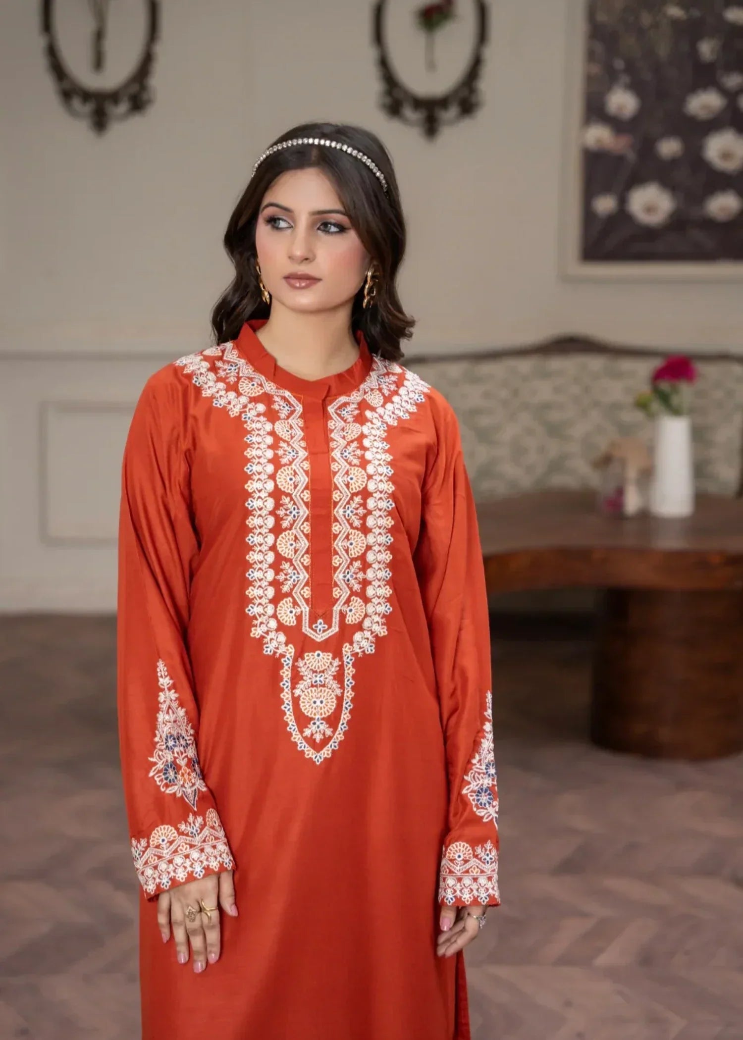Sajfi Closet Rusty Orange Embroidered Stitched Suit for Women | Summer Collection Women 2pcs