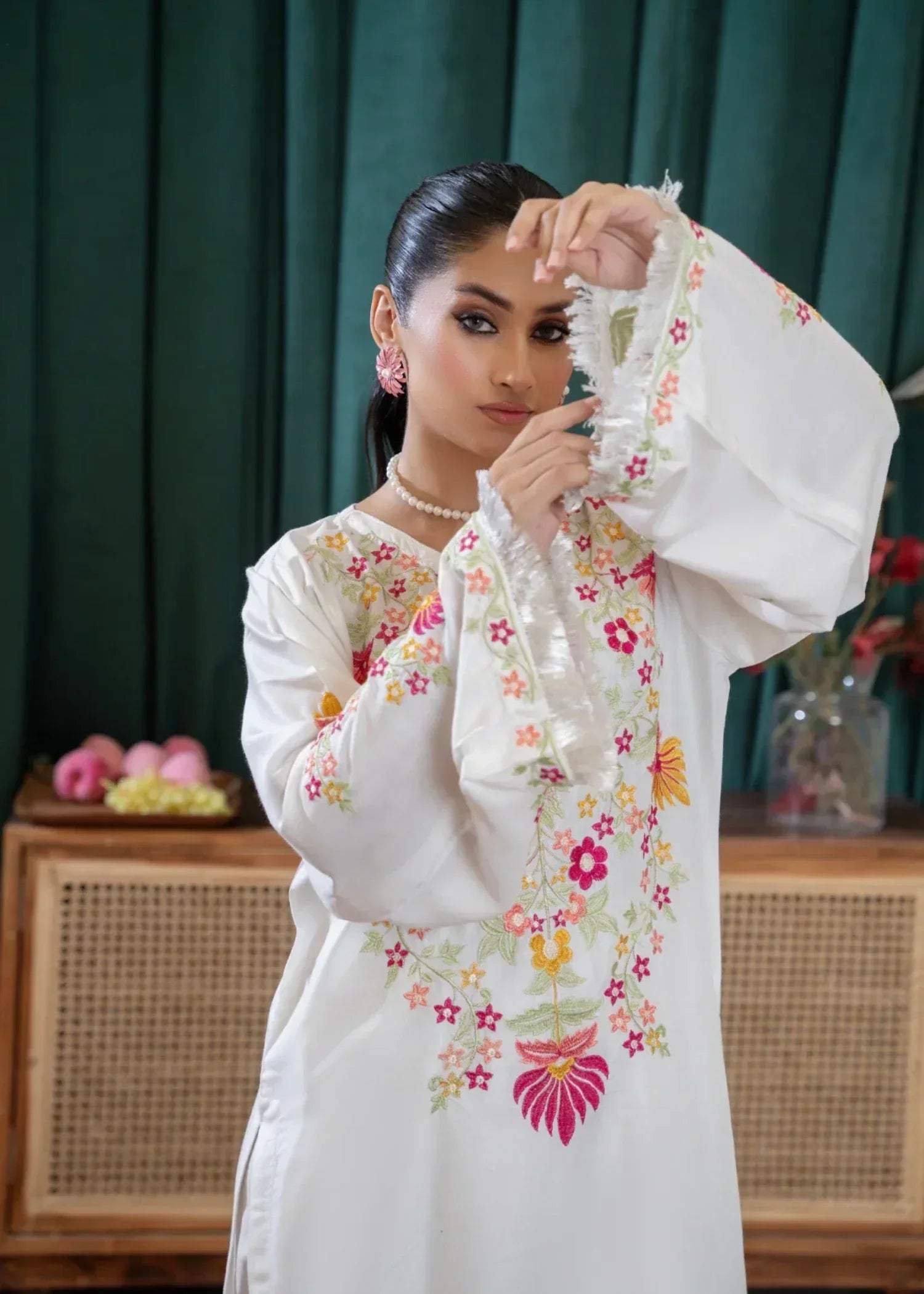 Sajfi Closet White Rose Embroidered Stitched Suit for Women | Summer Collection Women 2pcs