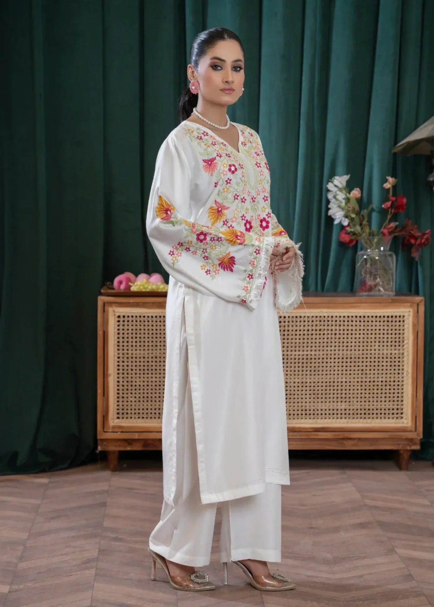 Sajfi Closet White Rose Embroidered Stitched Suit for Women | Summer Collection Women 2pcs