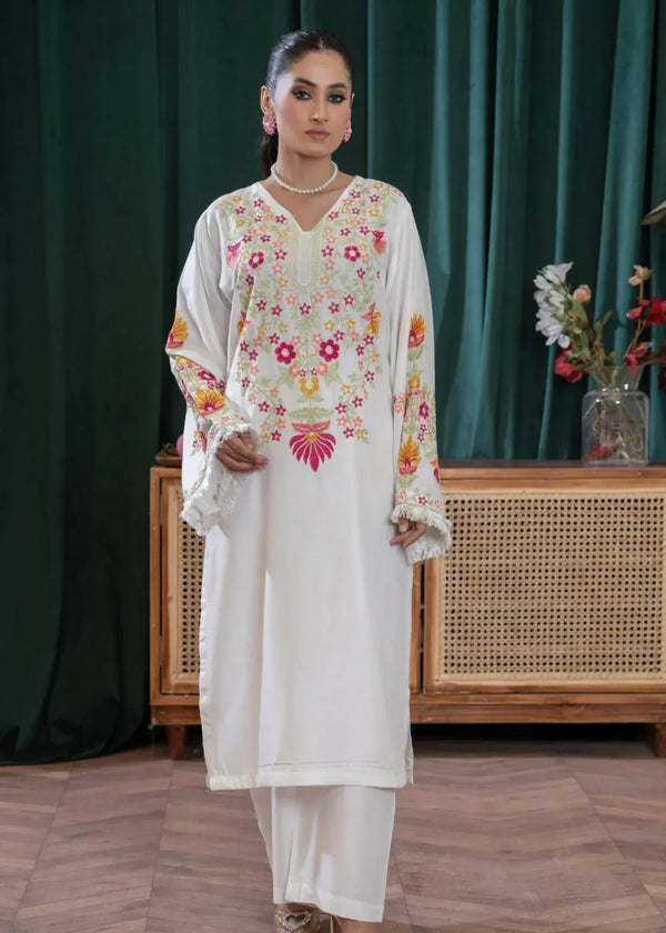 Sajfi Closet White Rose Embroidered Stitched Suit for Women | Summer Collection Women 2pcs