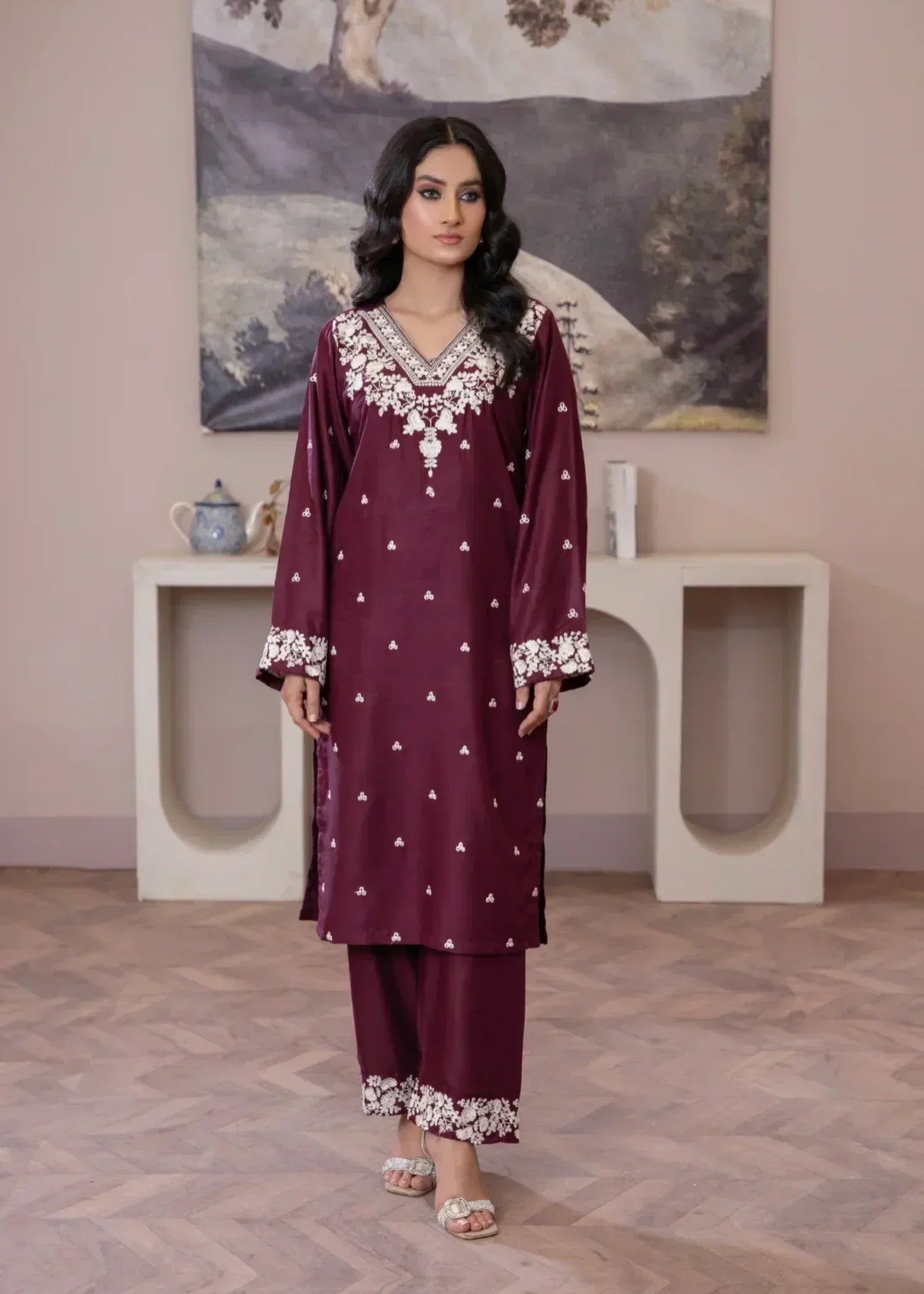 Sajfi Closet Rose Plum Embroidered Stitched Women 2pcs
