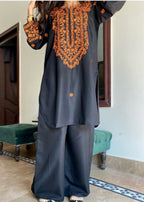 Sabahaats Vibrant Orange Embroidered Kurta with Stylish Plazo Bottoms Women 2pcs