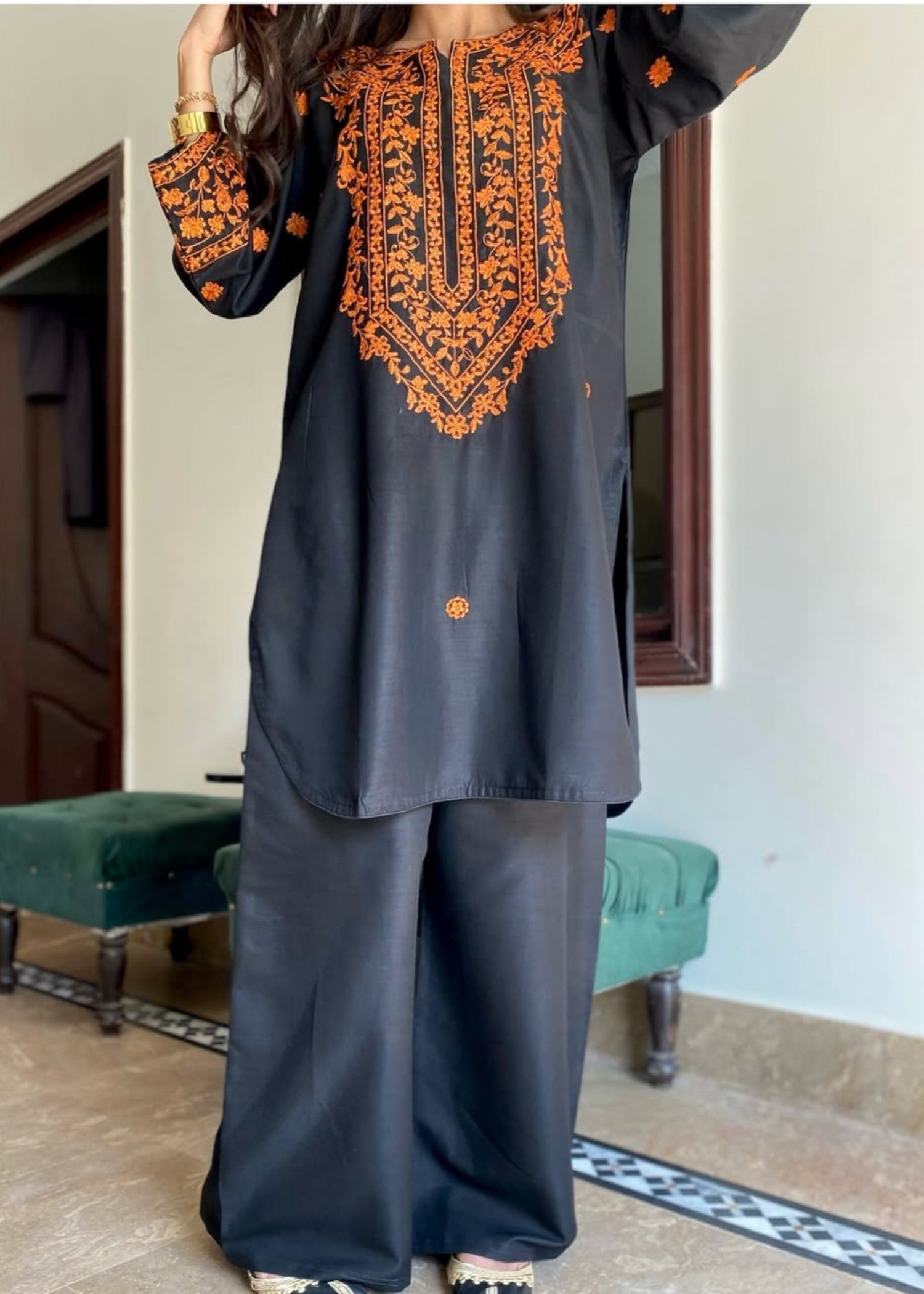 Sabahaats Vibrant Orange Embroidered Kurta with Stylish Plazo Bottoms Women 2pcs